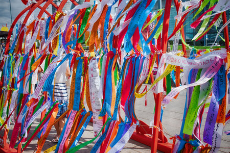 Astana, Kazakhstan - July 17, 2016: Modernist art, open-air museum, street art. Abstract sculpture of wishes written on colored strips (Islamic connotation). In parks and on streets of Astana - new capital of Kazakhstanのeditorial素材