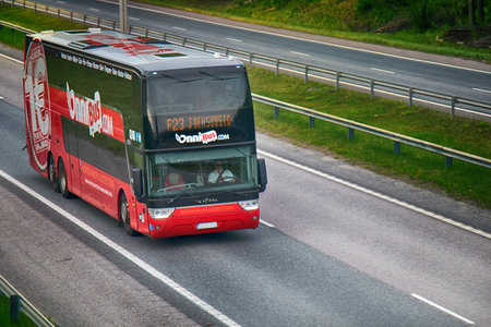 Helsinki , Finland - August 20, 2017: tour bus on the road in Scandinaviaのeditorial素材