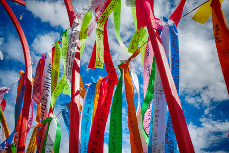 Astana, Kazakhstan - July 17, 2016: Modernist art, open-air museum, street art. Abstract sculpture of wishes written on colored strips (Islamic connotation). In parks and on streets of Astana - new capital of Kazakhstanのeditorial素材