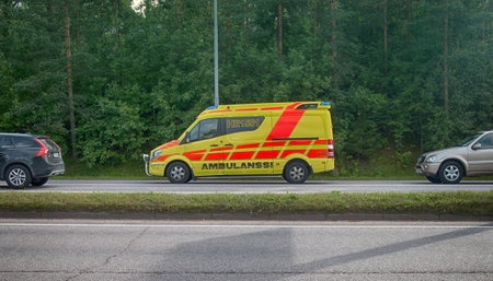 Helsinki , Finland - August 20, 2017: ambulance on the road in Scandinaviaのeditorial素材