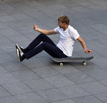 Tallinn, Estonia - September 1, 2017: boy skateboarding on street training siteのeditorial素材
