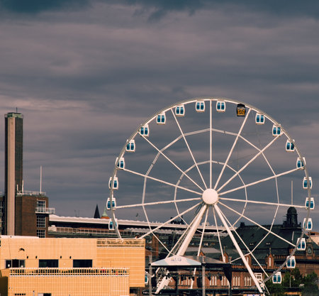 Helsinki , Finland - August 20, 2017: Promenade with boats and Ferris wheel. Baltc seaのeditorial素材