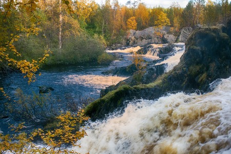 Autumn, yellow leaves, waterfall in backgroundの写真素材