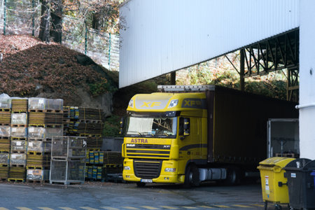 Prague, Czech Republic - October 19, 2017: Unloading of heavy trucks at the shopのeditorial素材
