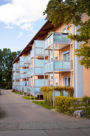 Germany, Ingolstadt - September 11, 2017: typical city of Bavaria, picturesque traditional houses, Unusual balconies shelvesのeditorial素材