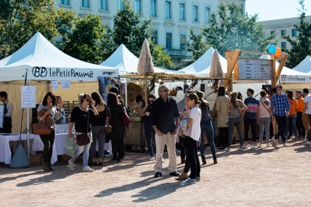 Lyon, France - October 14, 2017: Meeting of inhabitants of city on holiday of student Association Le Petit Paumé. Social events, charity, distribution of literature, student society, city eventのeditorial素材