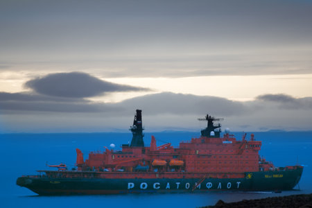 Frantz Josef Land - 5 July 2016. Most powerful russian nuclear icebreaker 50 Years Of Victory in Franz Josef Land, island Hookerのeditorial素材