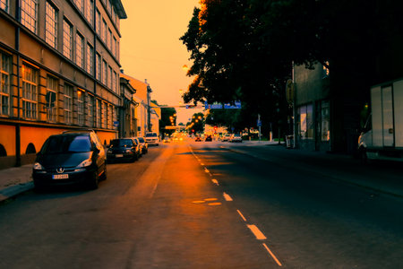 Helsinki, Finland - August 24, 2017: City on border of day and night, sunset and street lighting. Evening cityのeditorial素材