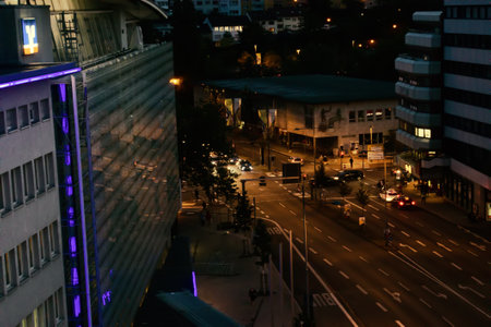 Pforzheim, Germany - September 13, 2017: View of night city from roofのeditorial素材