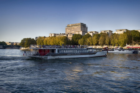 Paris, France - September 22, 2017: City tours on river Seine on pleasure boatsのeditorial素材