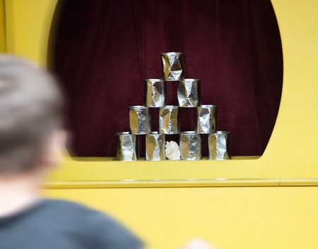 Pyramid of cans down rag ball, pitch, as wood when playing in skittles in bowling or target shooting...