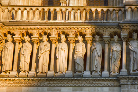 Notre Dame de Paris Cathedral Gothic style. Architectural details, sculptural decoration, Gallery of...