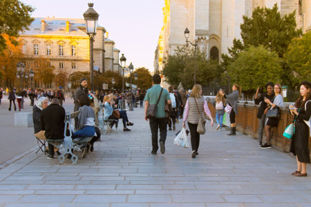 Paris, France - September 22, 2017: Citizens and tourists on Sunday. Carefree pastime in streets and squaresのeditorial素材