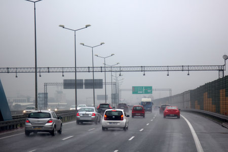 Warsaw, Poland - October 20, 2017: bad weather conditions wet asphalt and heavy rainfall dangerous drivingのeditorial素材