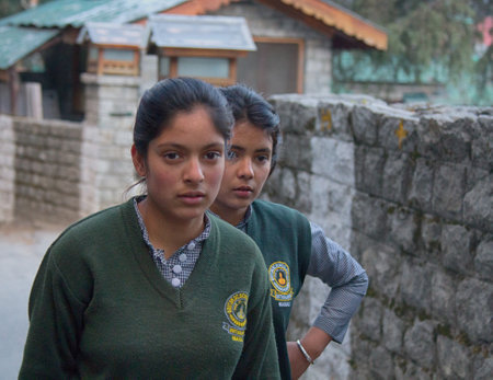 India, Monali - March 13, 2018: Two cute Indian high school girlsのeditorial素材