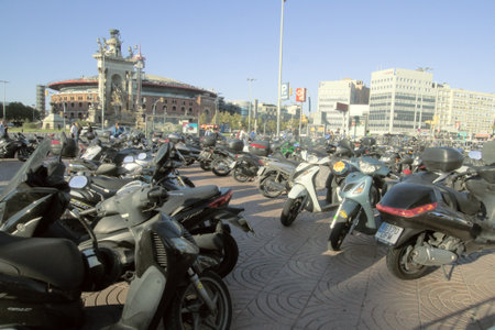 Spain, Barcelona - October 8, 2017: Special Parking for motorcycles in the city square. Urban plannerのeditorial素材