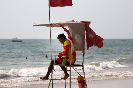 India, Goa - 2 April 2018: lifeguard on rescue towers on the beachのeditorial素材