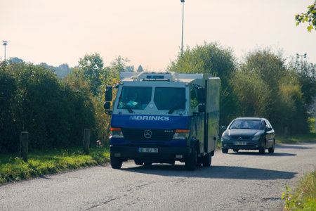Limoges, France - September 29, 2017: Armored car to transport money protection.のeditorial素材