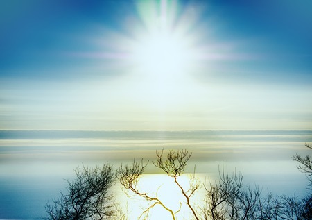 Sunrise over the winter sea shore, sun's disk and rays in humid atmospheric haze, leaves on trees fellの写真素材