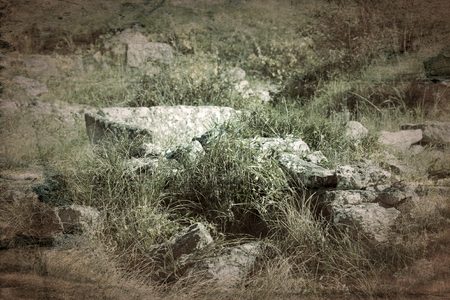 Ancient Greek Polis (Greek colonization) and Greek-Scythian settlements on the Black sea coast. Old archaeological excavations abandoned, shell rock foundations visible in the steppe areaの写真素材
