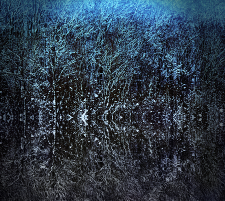 forest in winter. Thick brush with applied snow. Distorted reflections in flowing water of stream artificially enhancedの写真素材