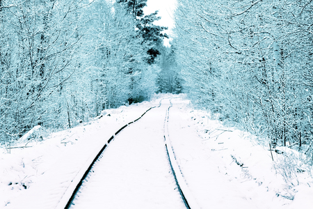 Single-track railway in the forest on which carry logs, unevenly laid rails. Snowfall covered the roadの写真素材