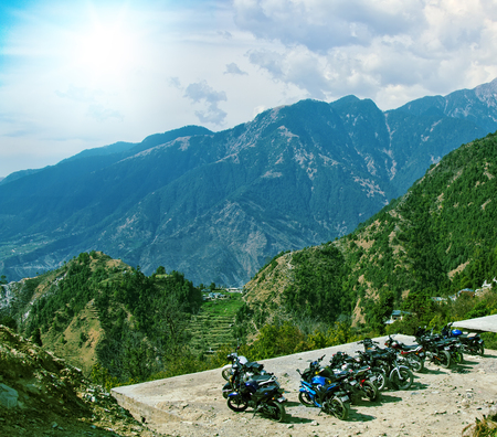 Lesser Himalayas. Mountain landscapes of spring time with peaks and ridges in the blue distance