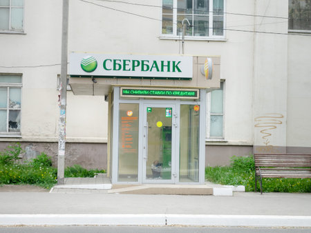 Astrakhan, Russia - may 12 2019: Branch of Sberbank with ATMsのeditorial素材