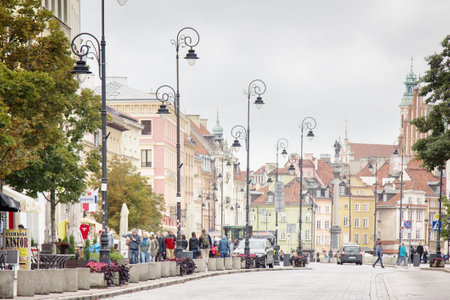 Warsaw, Poland - September 9, 2017: one of the main streets of the old city in a beautiful background of houses in a classic styleのeditorial素材
