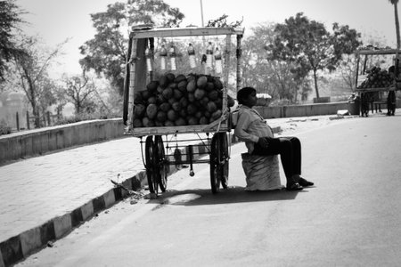 India, Pushkar-March 3, 2018: the seller of coconuts with a cart. Black and white frameのeditorial素材