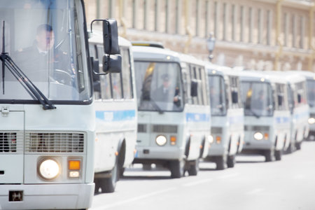 Russia, St. Petersburg - may 9, 2017: convoy of police buses in center of cityのeditorial素材