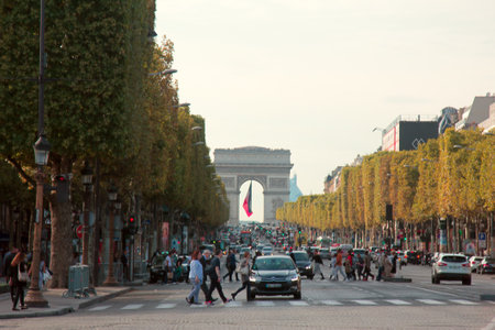 France, Paris - 24 September 2017: Avenue Champs elysées with the arc de Triomphe in perspectiveのeditorial素材