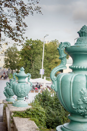 Tallinn, Estonia - September 2, 2017: Street Stairs with decorative metal urns, vaseのeditorial素材