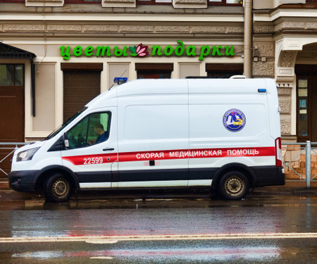 Russia, St. Petersburg - April 10 2019: ambulance the street in metropolisのeditorial素材