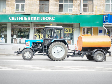 Moscow, Russia - may 3, 2019: Road cleaning vehicles with a tank of waterのeditorial素材