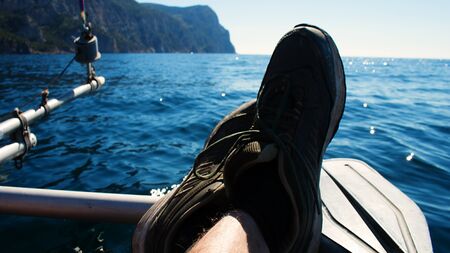 Inflatable catamaran moves by sea. Shooting from the bow during the shipの写真素材
