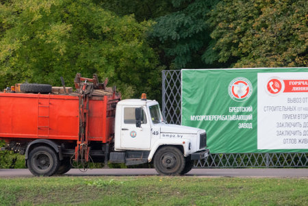 Brest, Belarus - October 12, 2019: Garbage collection and cleaning. Garbage truck goes to waste processing plantのeditorial素材