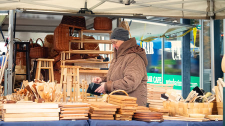 Imatra, Finland - October 27, 2019: market day in city. Products for the kitchen made of real natural wood, eco-friendlyのeditorial素材