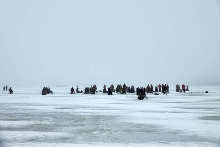 Active recreation on ice in winter. Crowd of fishermen catches large perch on fishing rod on lake Ladogaの写真素材