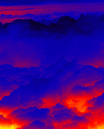 Colored clouds. Cloudscape under the wing of an airplane. Illustration of thermal image, thermal...