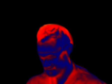 The concept of a researcher, scientist portrait. Illustration of thermal image. Blurred unrecognizable peopleの写真素材