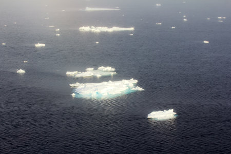First scattered ice floes at 82 degrees north latitude. Solid ice fields and sea fogg begin after...