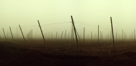 The field is being prepared for planting palmetto gardens. Concrete posts and wire stringing. Foggy autumn weather, dazeの写真素材