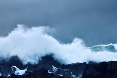 Dead swell (rolling waves in calm water) and rocky reefs. Pacific Ocean. Aleutian-Commander Ridge