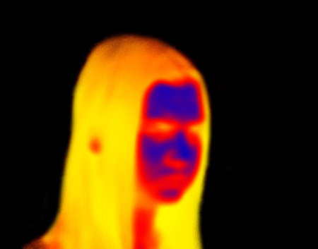 Portrait of an fashionable Oriental girl. illustration of thermal image. Blurred unrecognizable peopleの写真素材