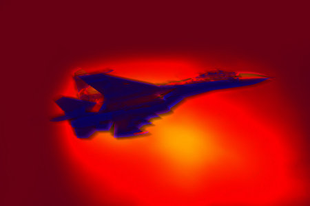 Night fighting Russian military fighter aircraft. illustration of thermal image. Terrible military...