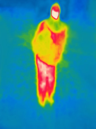 Indecisiveness in posture. hesitation. Image from thermal imager device. Modified unrecognizable...