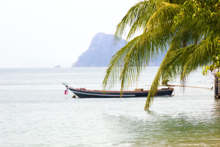Vacation on the tropical sea. Palm coast and beach. A junk with an outboard motor for shallow waters. Thailandの写真素材