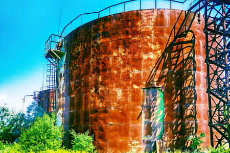 Old rusty oil tanks (fuel reservoir, oil barrel). Evidence of economic stagnation and environmental pollutionの写真素材