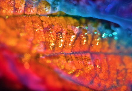The surface of the wet green leaf in the rainbow spectrum. Ultra macro